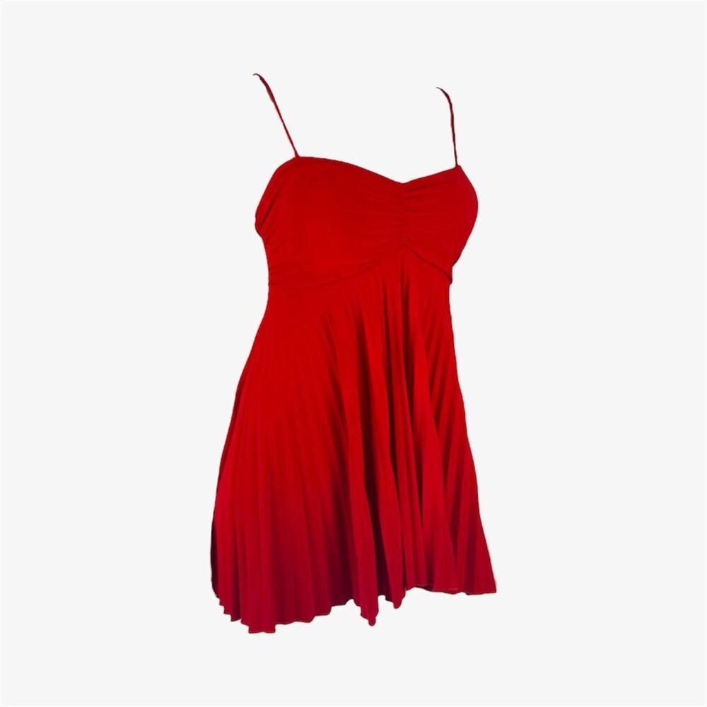 Red sexy mini dress cocktail pleated spaghetti straps with built in bra